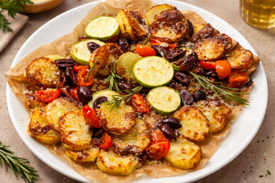 Запечённый картофель с цукини и оливками